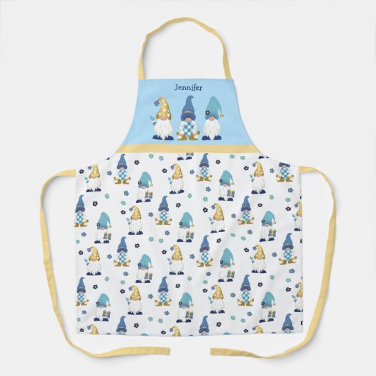 Cute Garden Gnomes Gold Blue Gingham Schort (Voorkant)