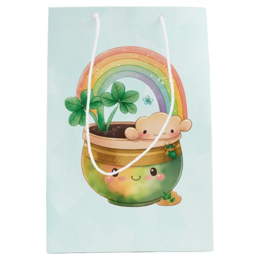 Cute Garden Planter met regenboog en klaver Medium Cadeauzakje (Voorkant)