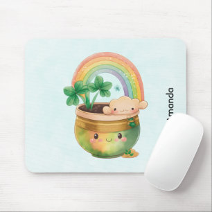 Cute Garden Planter met regenboog en klaver Muismat