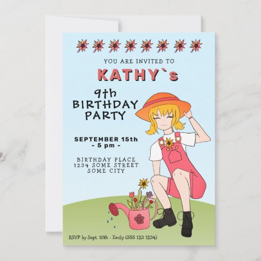 Cute Gardening Girl met Flowers Birthday Kaart (Voorkant)