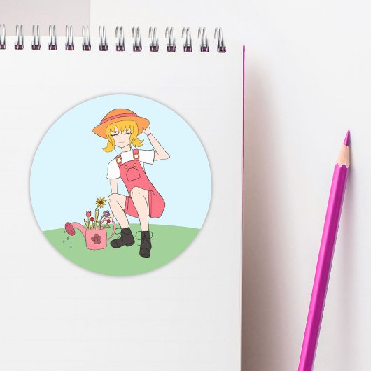 Cute Gardening Girl met Flowers Blond Hair Ronde Sticker