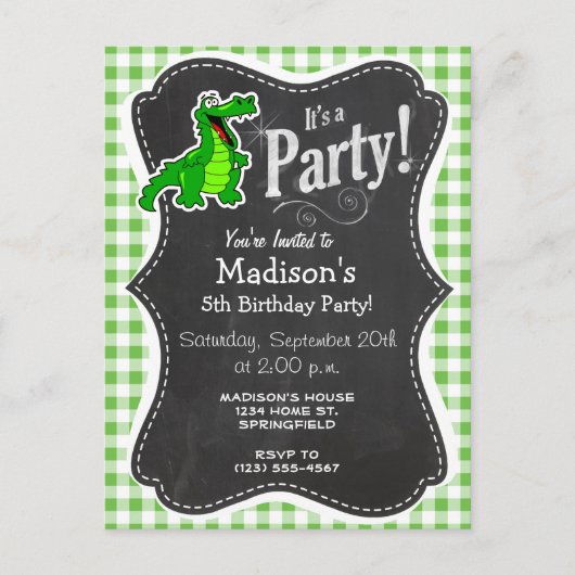 Cute Gator Green Gingham Uitnodiging Briefkaart (Voorkant)