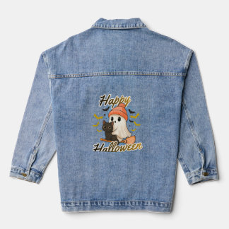 Cute Geest En Zwarte Kat Gelukkig Halloween Denim Jacket