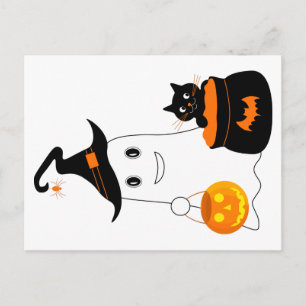 Cute geest met zwarte kat viert halloween briefkaart