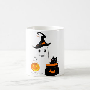 Cute geest met zwarte kat viert halloween koffiemok