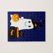 Cute geest met zwarte kat viert halloween legpuzzel (Horizontaal)