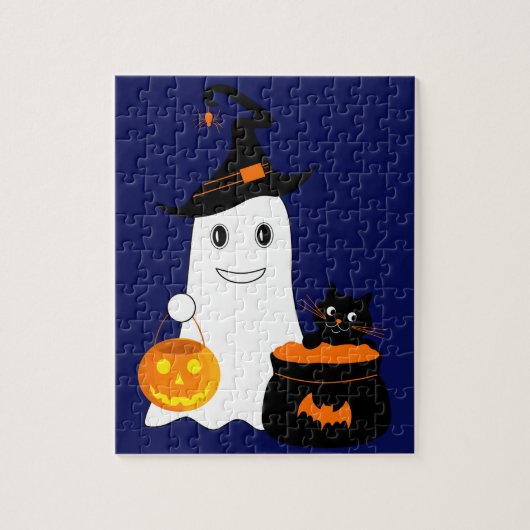 Cute geest met zwarte kat viert halloween legpuzzel (Verticaal)