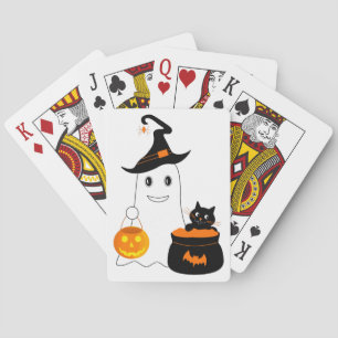 Cute geest met zwarte kat viert halloween pokerkaarten