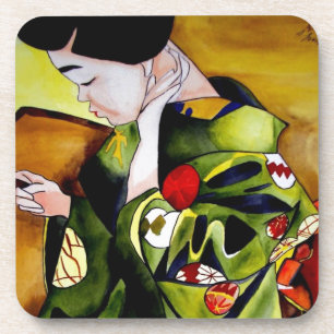 Cute Geisha met groene kimono originele kunst Drankjes Onderzetter