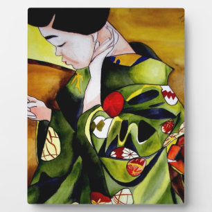 Cute Geisha met groene kimono originele kunst Fotoplaat