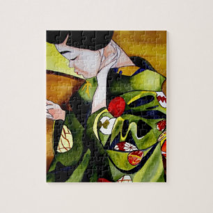 Cute Geisha met groene kimono originele kunst Legpuzzel