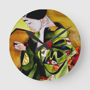 Cute Geisha met groene kimono originele kunst Ronde Klok