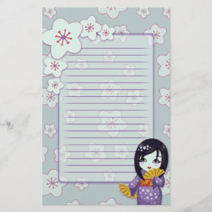Cute Geisha Paars en Blue Cherry Blossom gelijnd Briefpapier