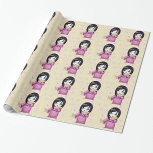 Cute Geisha roze Kimono met zilverventilatoren Cadeaupapier
