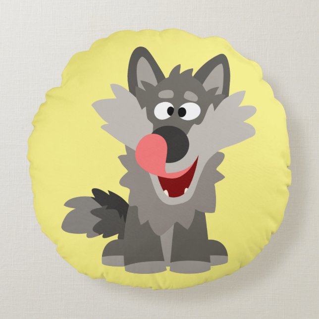 Cute Gekke Cartoon Wolf Rond Kussen (Voorkant)