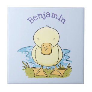 Cute gele baby eendje cartoon illustratie tegeltje