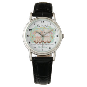 Cute Gemini Twins Waterverf Bull Zodiac Monogram Horloge
