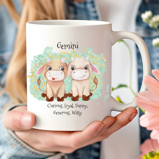 Cute Gemini Twins Waterverf Bull Zodiac Monogram Koffiemok