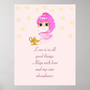 Cute Genie Cartoon & Abundance Quote on Roos Gold Poster