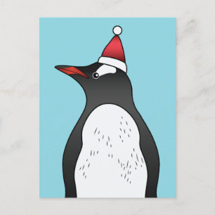 Cute Gentoo Penguin die een kersthat op blauw heef Briefkaart