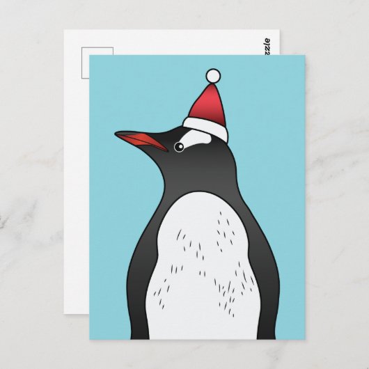 Cute Gentoo Penguin die een kersthat op blauw heef Briefkaart (Voorkant / Achterkant)