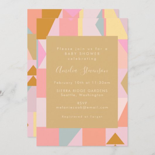 Cute Geometric Pastel Pink Gold Baby shower Kaart (Voorkant / Achterkant)