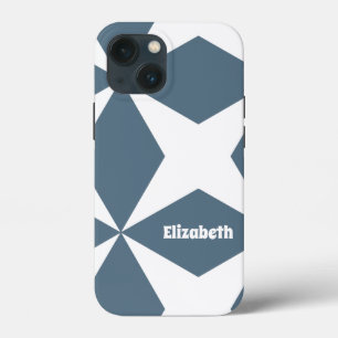 Cute Geometric Pattern Custom Name White & Blue iPhone 13 Mini Hoesje