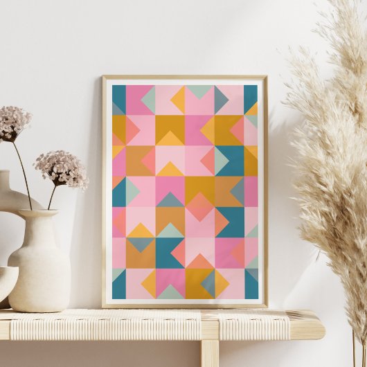 Cute Geometric Pattern in Blauwgroen Roze and Yell Poster