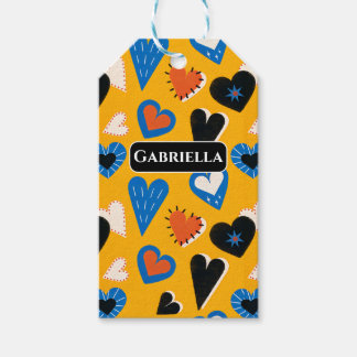 Cute Gepersonaliseerde Mosterd Hartjes Patroon Cadeaulabel
