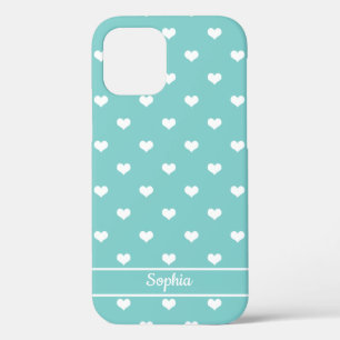 Cute gepersonaliseerde naam harten patroonturquois iPhone 12 hoesje