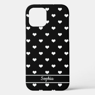 Cute gepersonaliseerde naam hartenpatroon zwart iPhone 12 hoesje