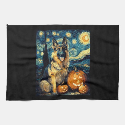 Cute German Shepherd Dog Halloween Jack O Lantern Theedoek (Horizontaal)