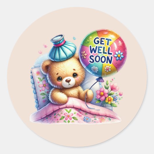 Cute get well soon bear  ronde sticker (Voorkant)