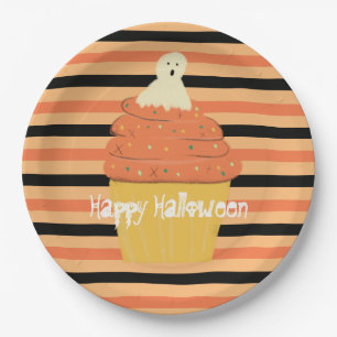 Cute Ghost Cupcake Halloween Oranje Zwarte Strepen Papieren Bordje