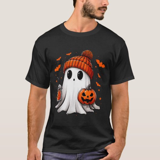 Cute Ghost Drinking Ice Coffee Halloween Pumpkin M T-shirt (Voorkant)
