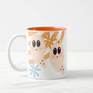 Cute Ghost Ghoul Retro Groovy Floral Tweekleurige Koffiemok