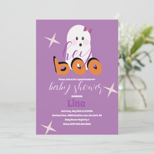 Cute Ghost Halloween Baby shower Retro Script Inv Kaart (Staand voorkant)