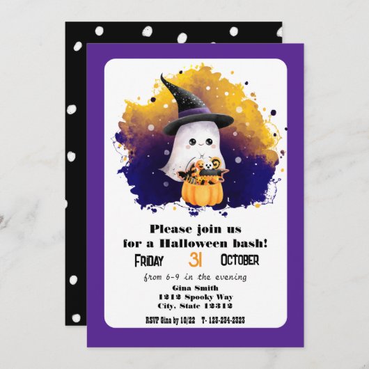 Cute Ghost Halloween Bash Party Kaart (Voorkant / Achterkant)