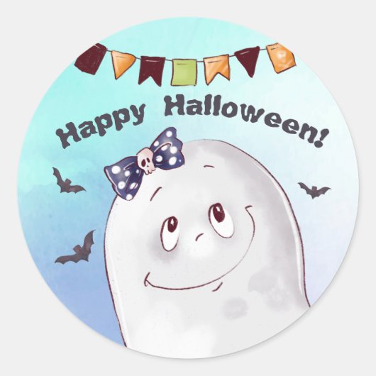 Cute Ghost Happy Halloween Ronde Sticker (Voorkant)