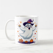 Cute Ghost Mug with Pumpkins and Witch Hat (Gauche)