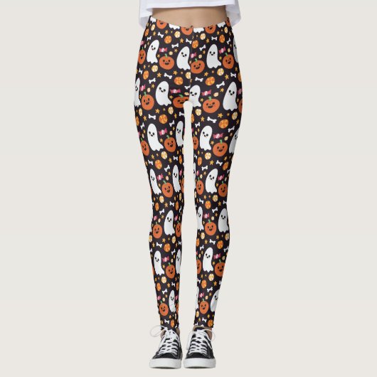 Cute Ghost, Pumpkin & Snoep Halloween Pattern Leggings (Voorkant)