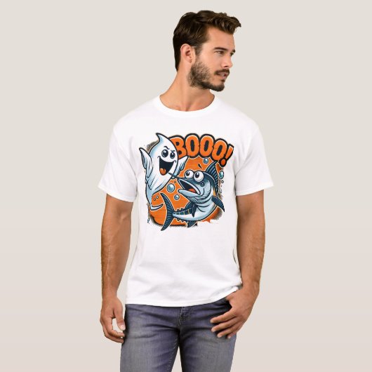 Cute Ghost Scaring Fish Funny Halloween T-shirt (Voorkant volledig)