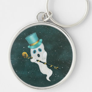 Cute Ghost Silly Face Wearing Top Hat Skull Cane Sleutelhanger