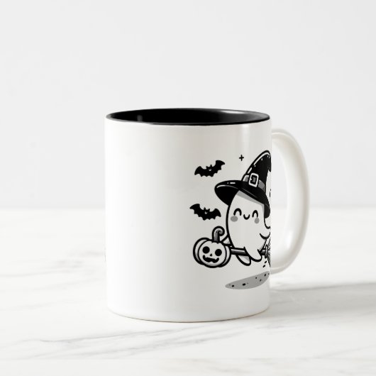 Cute Ghost Witch with Pumpkin & Broom | Two-Sided Tweekleurige Koffiemok (Voorkant rechts)