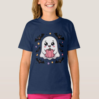 Cute Ghost with Pumpkin and Bats T-shirt