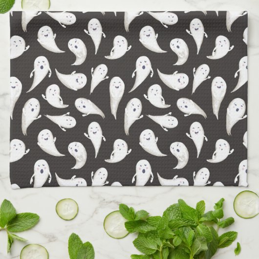 Cute Ghosts Black Halloween Serviette de cuisine (Plié)