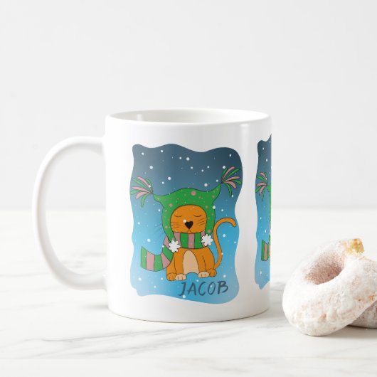 Cute Ginger Cat in Snow Personalized Mug Koffiemok (Met donut)