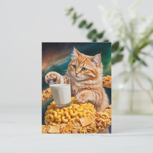 Cute Ginger Cat With Milk in Space Briefkaart (Staand voorkant)