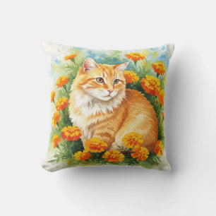 Cute Ginger Chat avec Coussin Marigold Flowers
