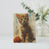 Cute Ginger Kitten en Yarn Collage carte postale (Debout devant)